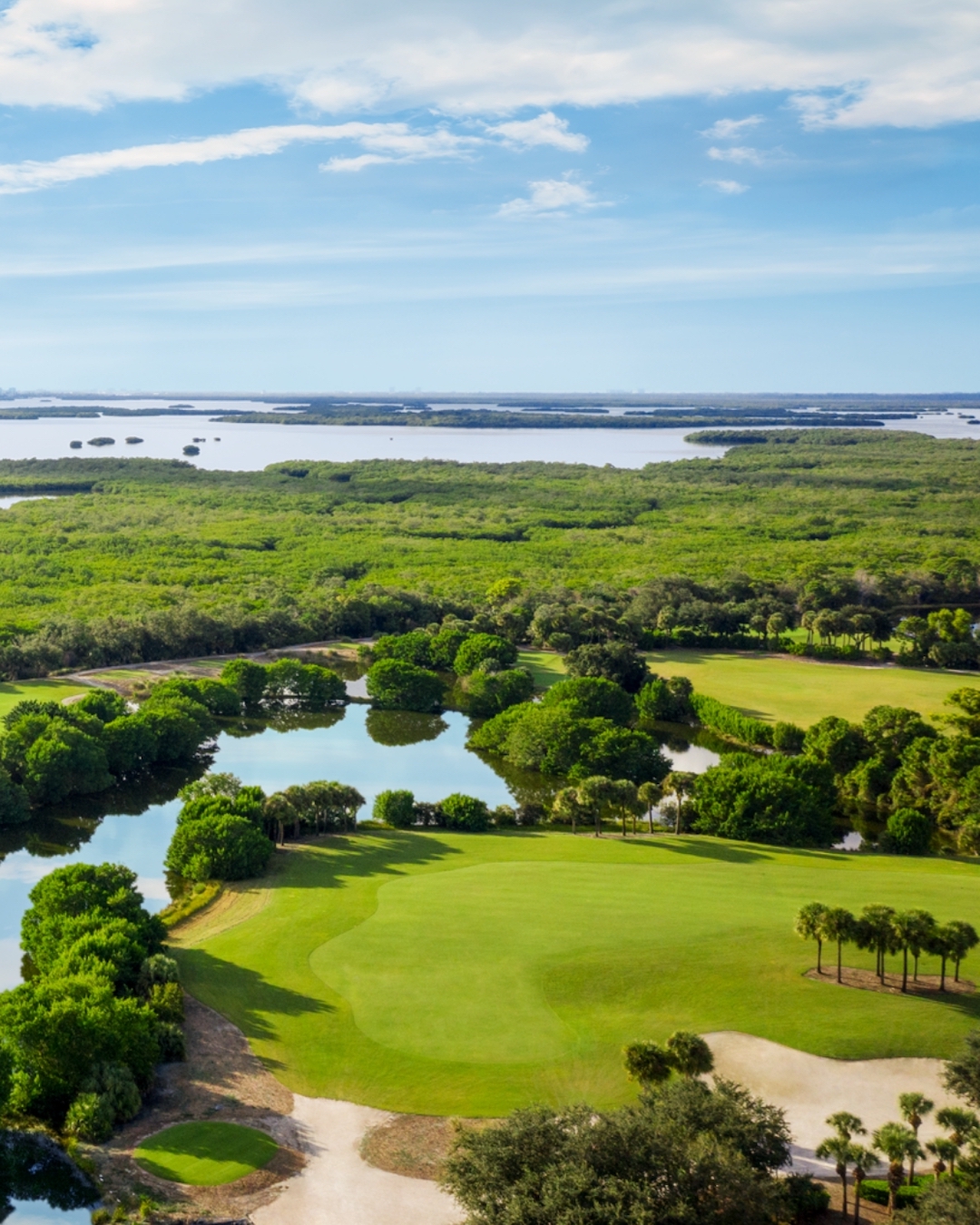 An aerial view of the Saltleaf Golf Preserve, a championship golf course in Bonita Springs with water features.