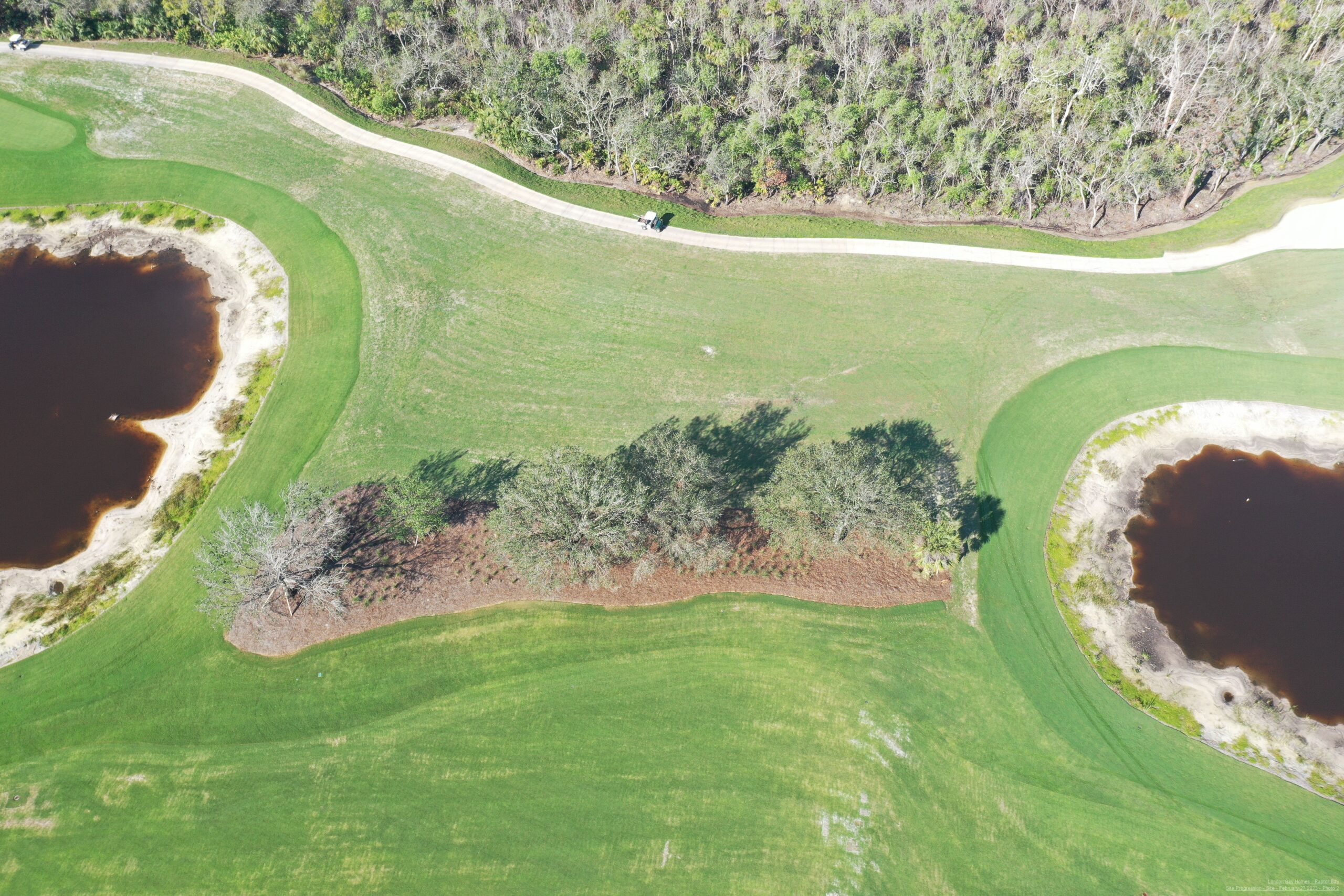 An aerial view of the Saltleaf Golf Preserve, a championship golf course in Bonita Springs, featuring two ponds.