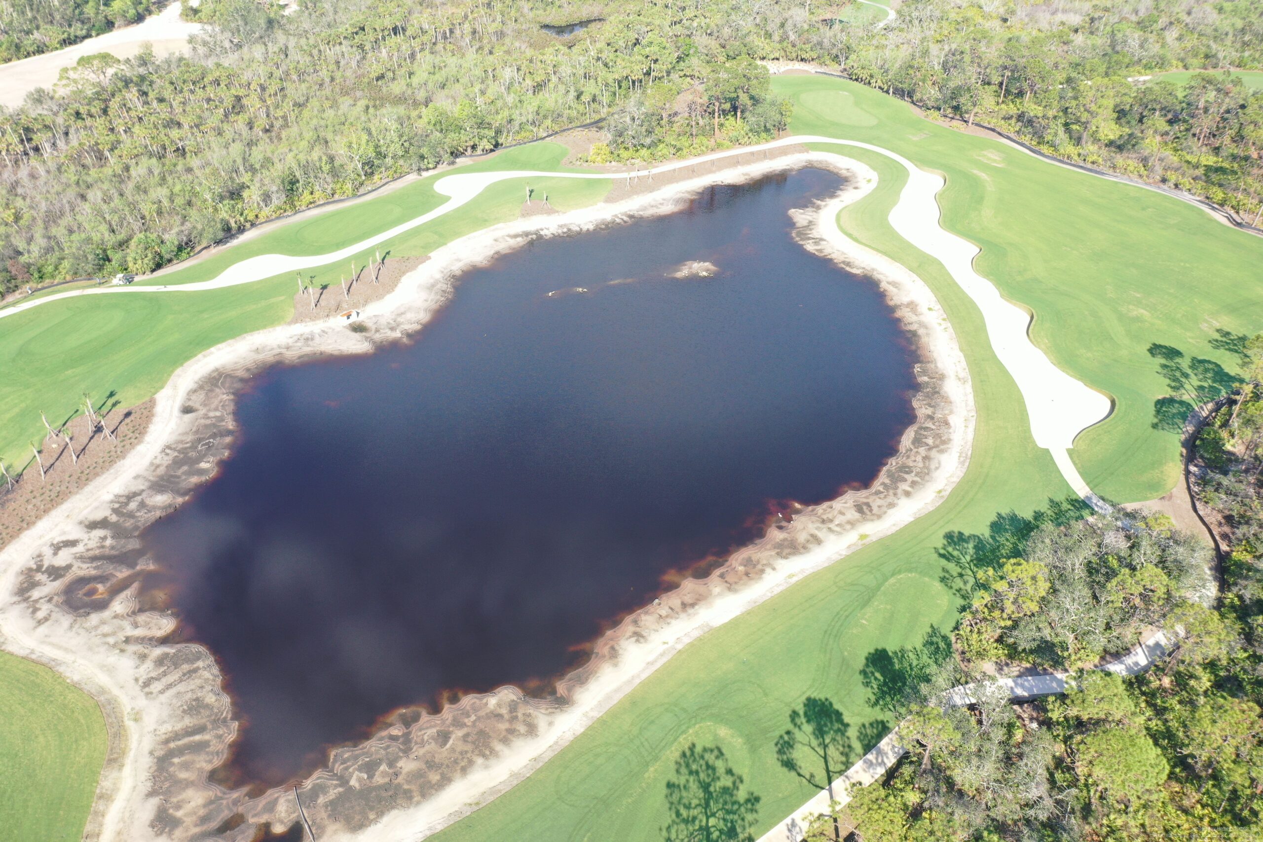 An aerial view of the Saltleaf Golf Preserve, a championship golf course in Bonita Springs, featuring a pond.