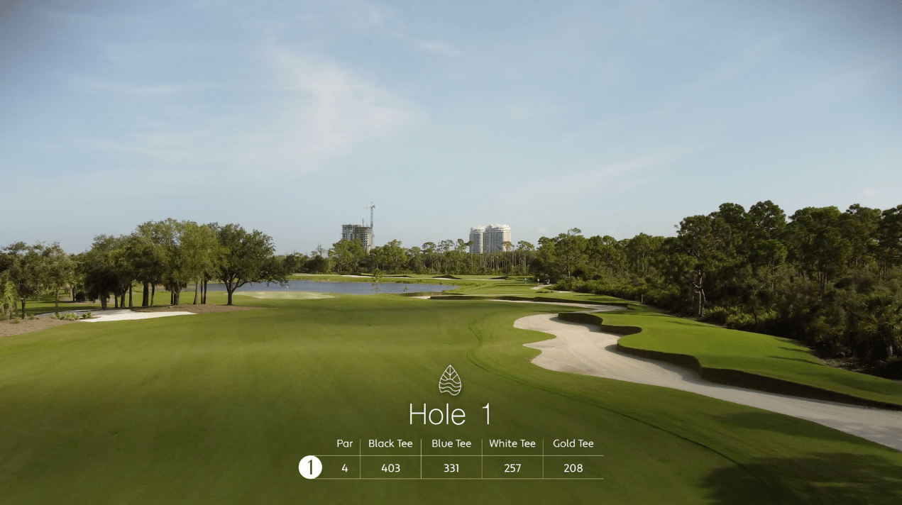 Flyover of hole 1 of Saltleaf Golf Preserve with oak trees