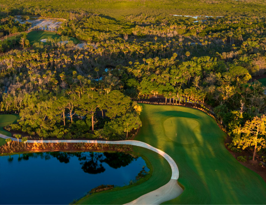 An aerial view of the Saltleaf Golf Preserve, a championship golf course in Bonita Springs, Florida.