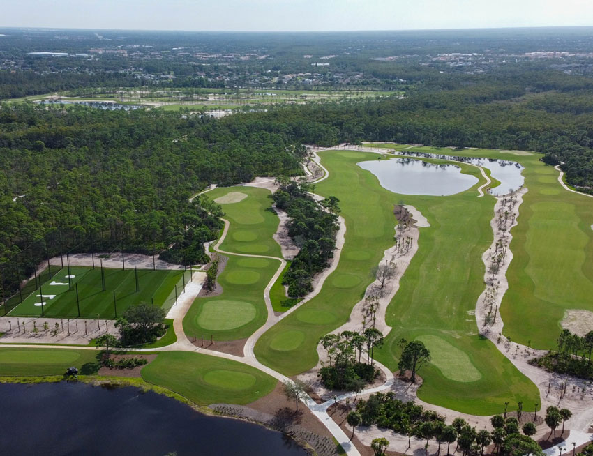 An aerial view of the Saltleaf Golf Preserve, a championship golf course in Bonita Springs, Florida.