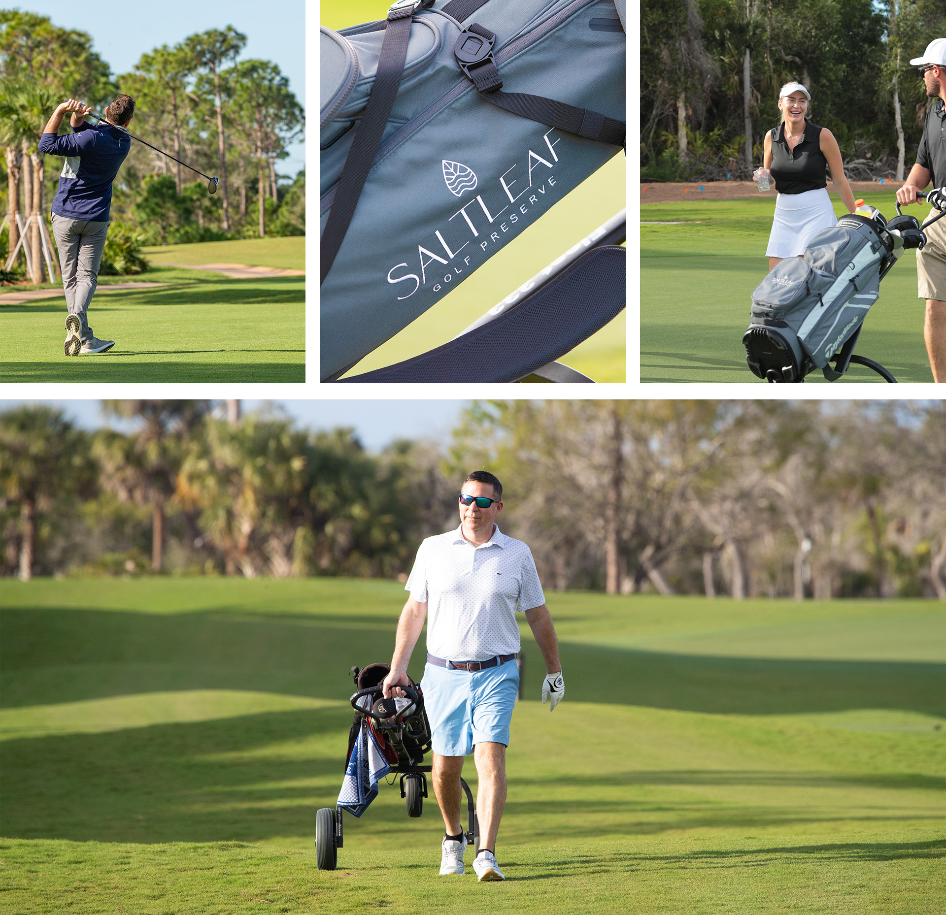 A collage of golf-related images, featuring a golfer swinging a club, a close-up of a golf bag with a logo, and two golfers walking on a course.