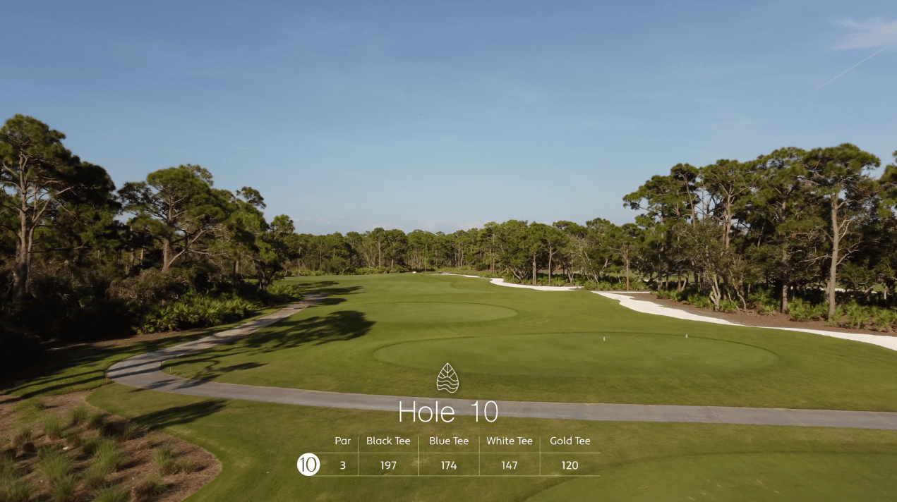 A golf course fairway is shown under a clear blue sky with trees in the background. Text overlay displays details for Hole 10, including yardage and tee positions.
