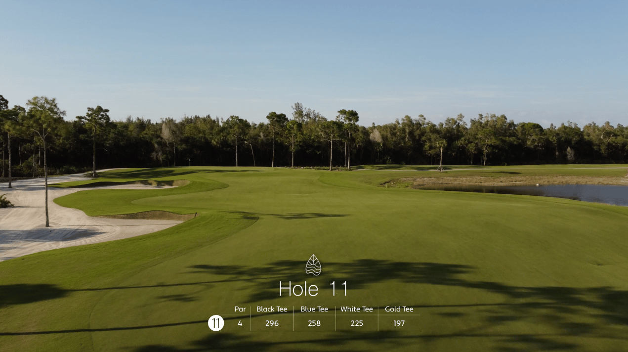 A wide view of Hole 11 on a golf course, showing green fairways, sand bunkers to the left, a pond to the right, and trees in the background. Hole details are overlaid at the bottom.