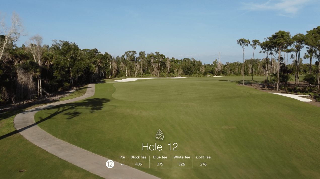 A golf course fairway with trees on both sides, showing Hole 12 details: par 4, distances for four tees, and a paved path curving left.