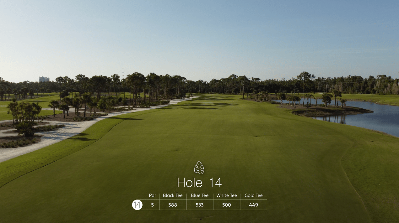 Aerial view of a golf course fairway with sand traps, trees, and a pond on the right, displaying information for Hole 14, including yardage and tee options.