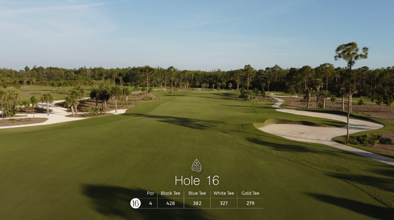 Aerial view of a golf course fairway and sand bunkers, labeled Hole 16 with distance information for four tee positions at the bottom.