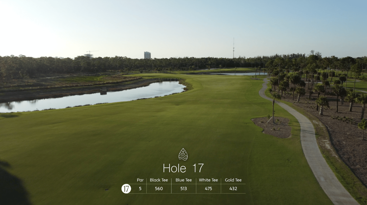 A golf course view of Hole 17 with a water hazard on the left, trees in the background, and hole details displayed at the bottom center.