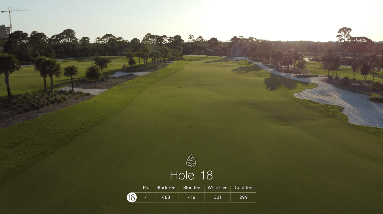 A golf course fairway at sunset labeled "Hole 18" with par and tee yardages listed at the bottom center of the image.