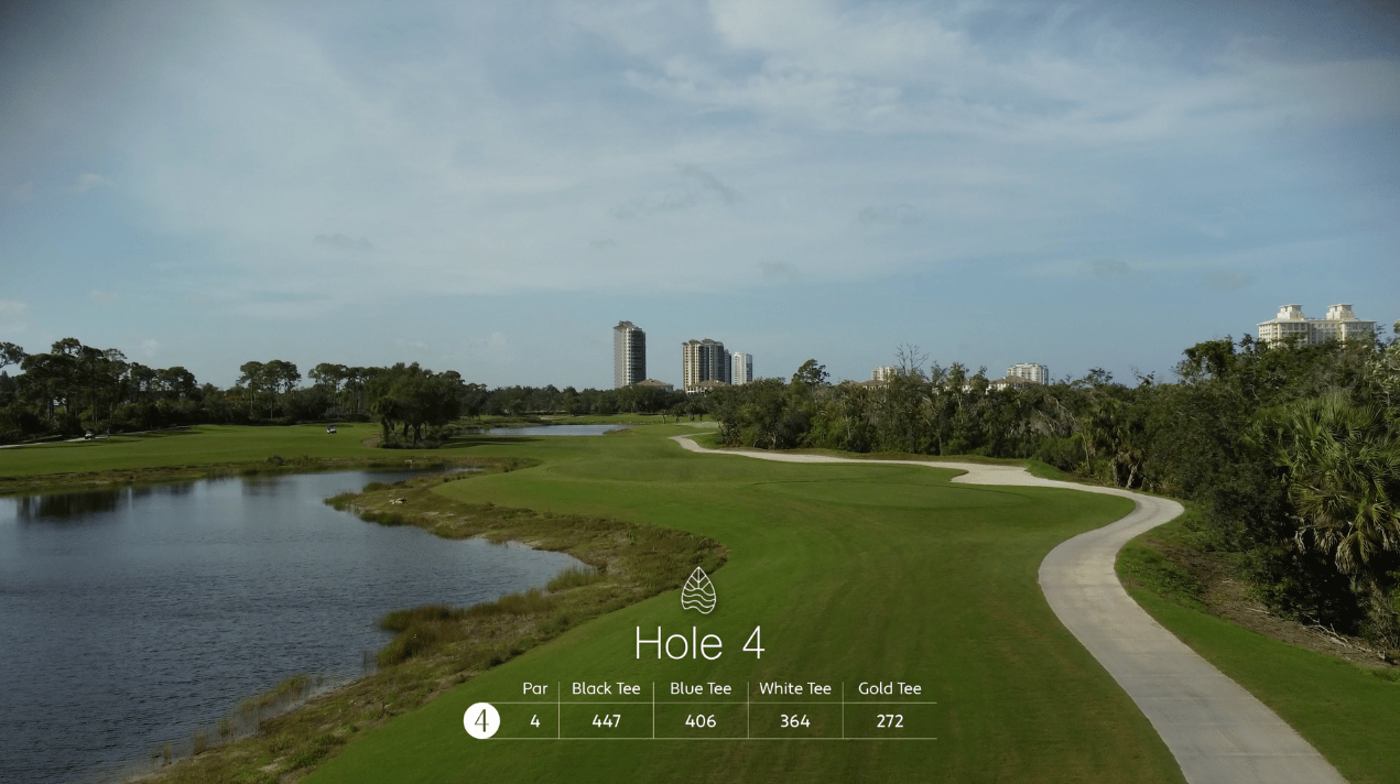 Aerial view of a golf course hole with a water hazard, curved path, trees, and tall buildings in the distance. Text overlay shows details for Hole 4, including yardages from different tees.