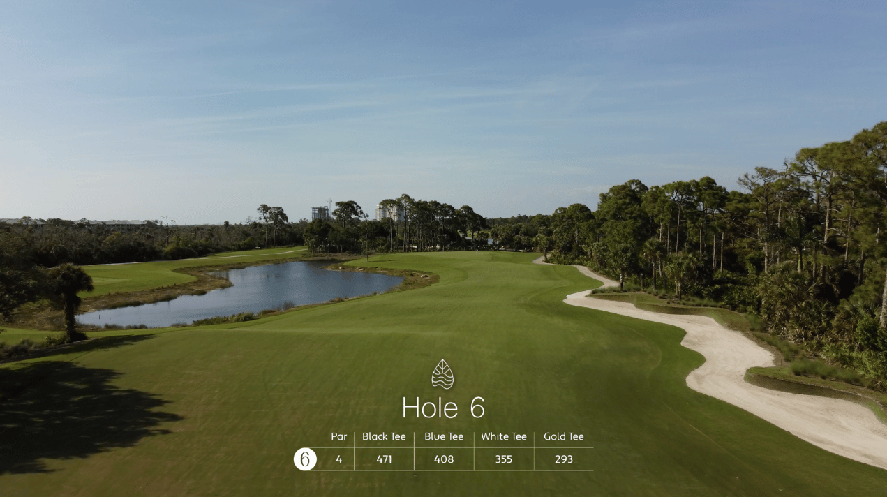 A golf fairway with a sand bunker on the right and a pond on the left, labeled as Hole 6 with yardages for each tee. Trees line the course under a blue sky.