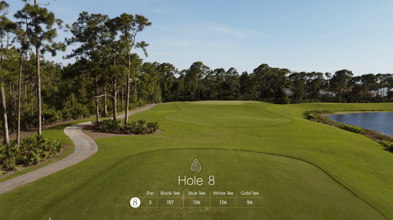A green golf course with trees, a paved path, and a pond; text overlay shows Hole 8 yardages from four tees: 157, 136, 126, and 96 yards for par 3.