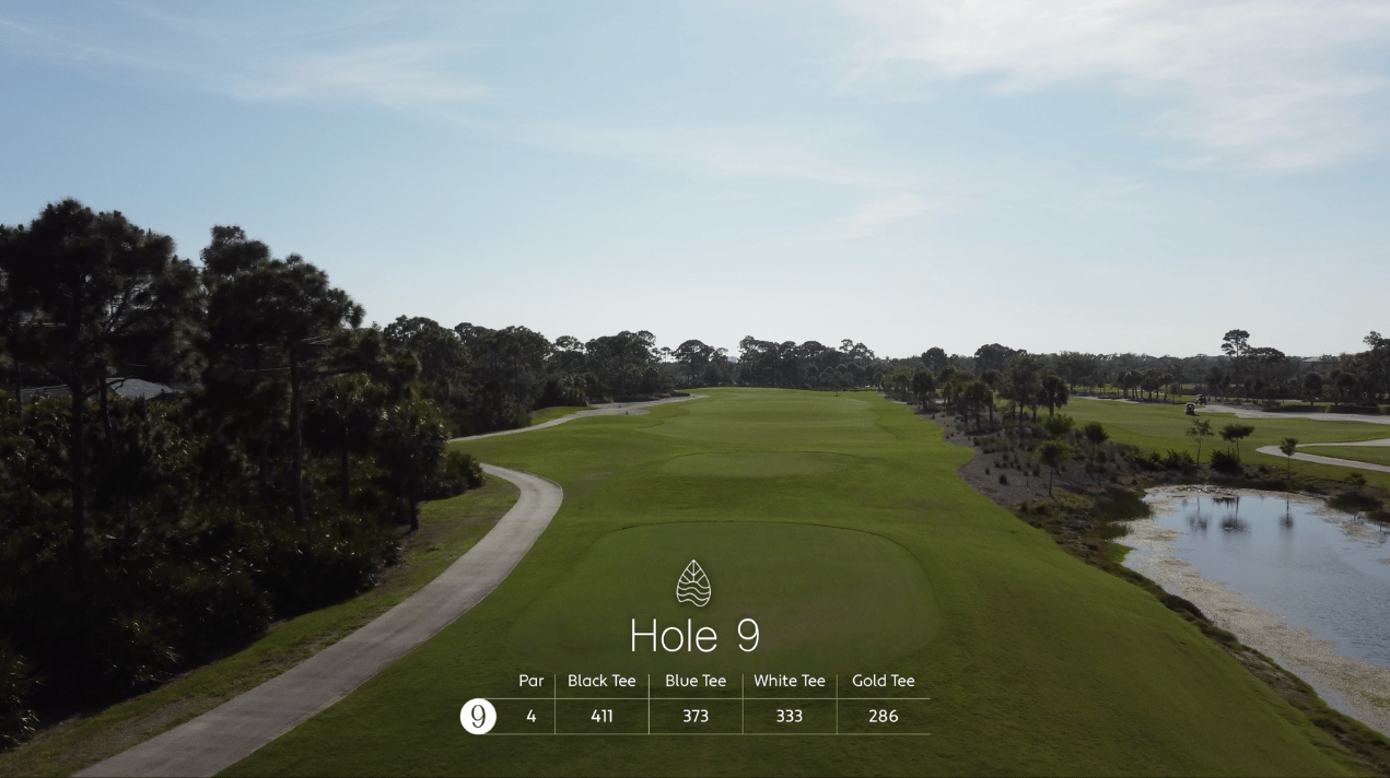 Aerial view of a golf course fairway with trees and a pond, showing Hole 9 and tee distances for four different colored tees.